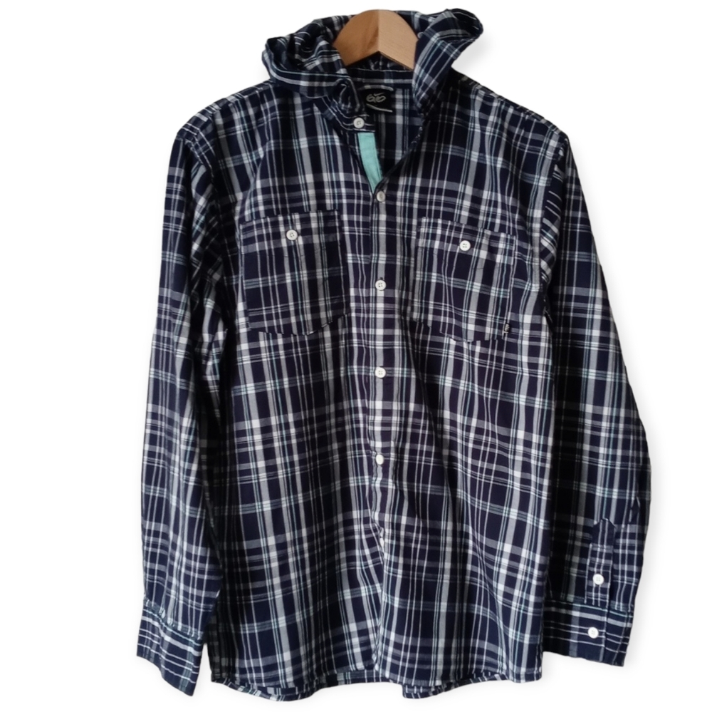 Nike 6.0 Men's Long Sleeve Plaid  Hooded Button-Down Shirt Size XL. Blue, White.